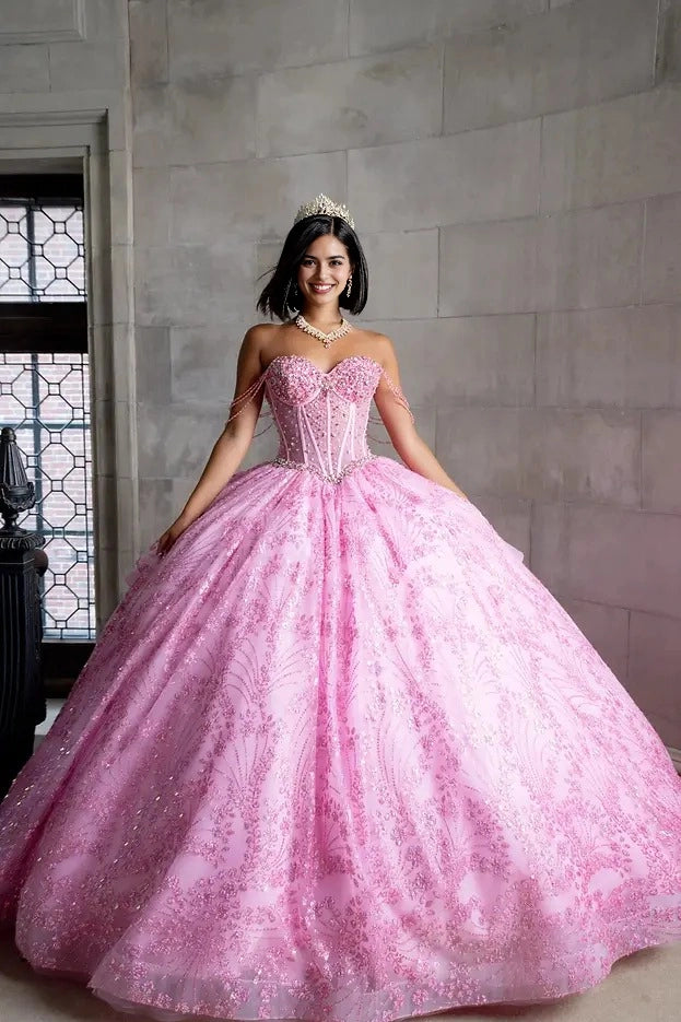 Vedress pink beaded ball gown quinceañera dress sweetheart neckline delicate chain straps glitter embroidery front view