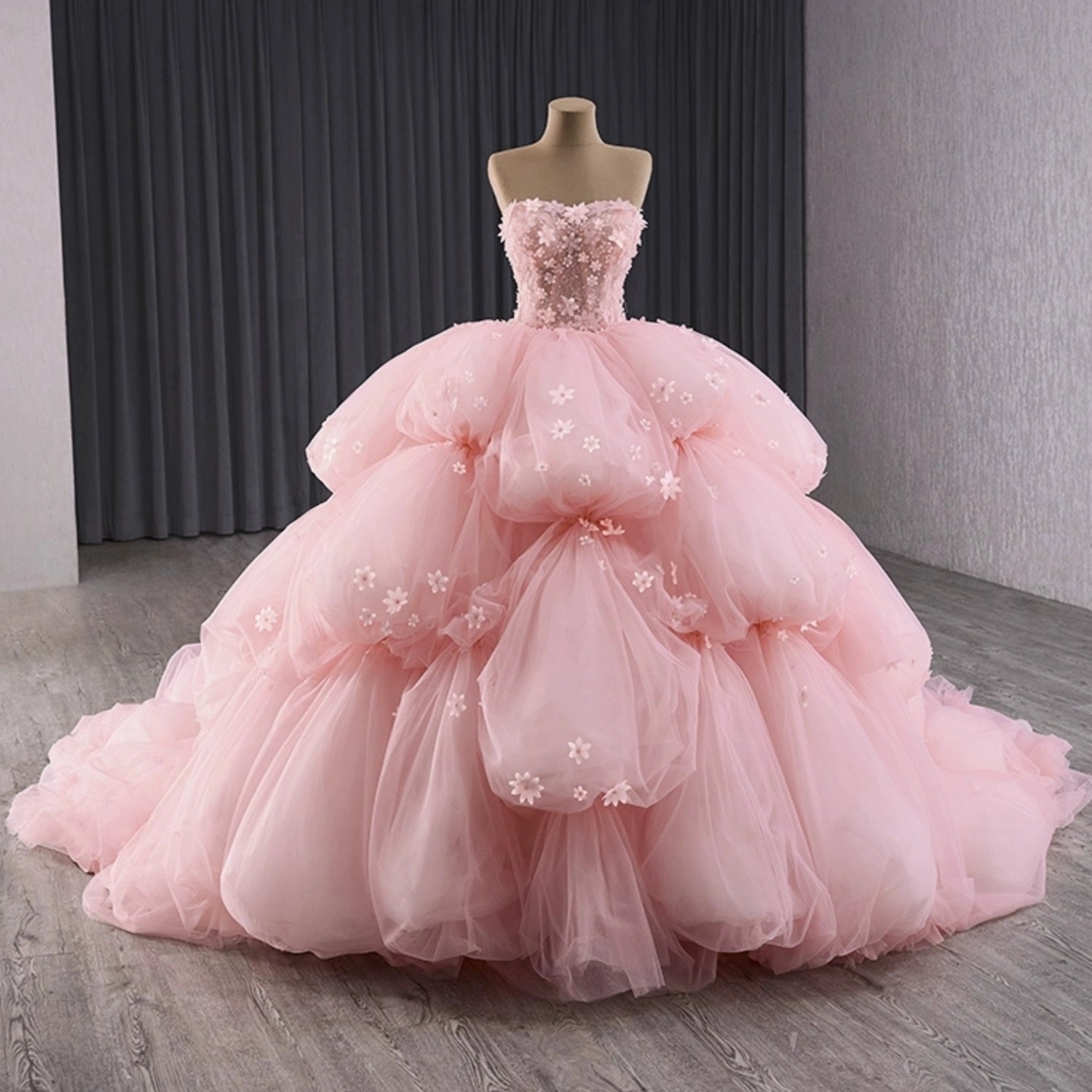 Vedress cloudy pink strapless sweetheart quinceanera ball gown beaded bodice tiered bubble tulle 3D flower prom dress front view