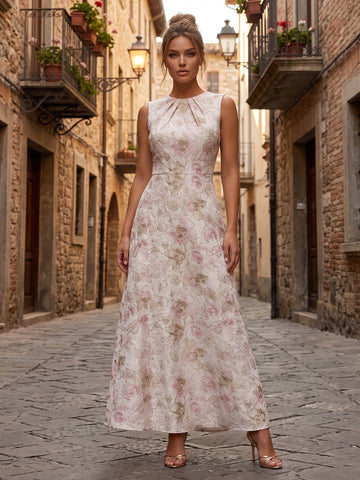 Vedress pink gold floral jacquard sleeveless pleated round neck tea length mother of bride dress front view