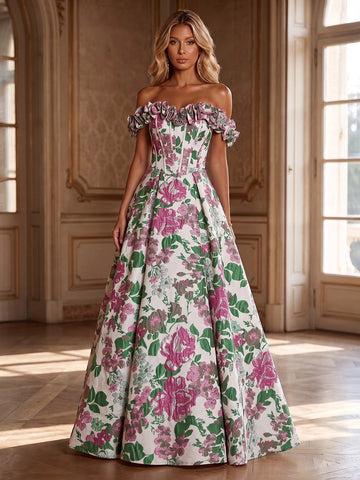 Vedress pink green floral jacquard off shoulder ruffle sleeve A-line prom dress front view