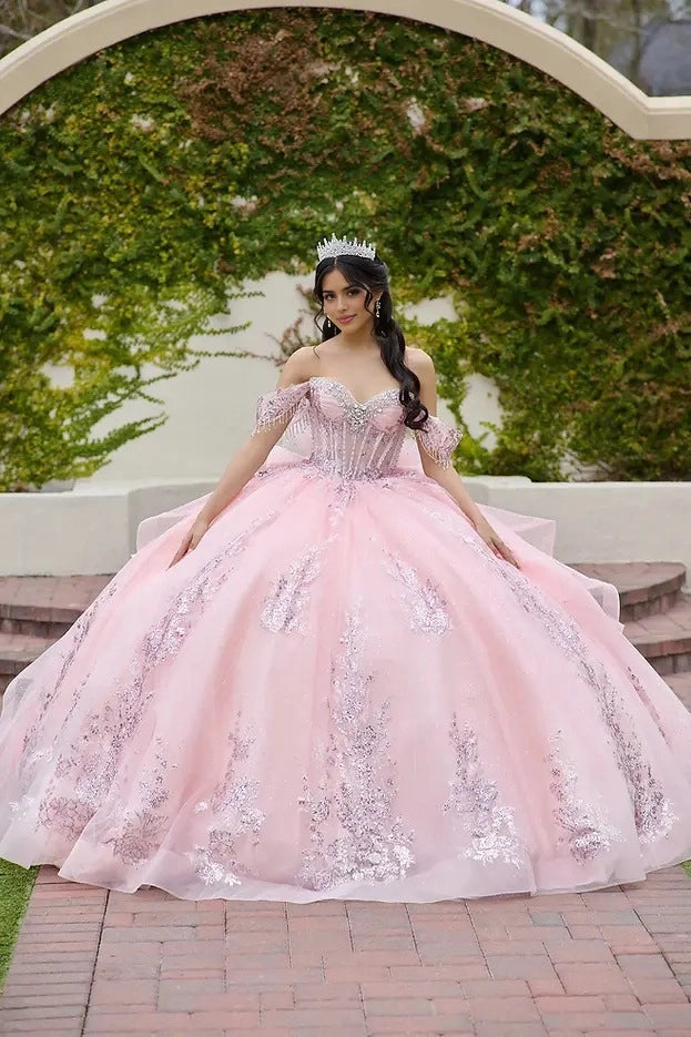Front view Vedress pink quinceañera dress off shoulder ball gown with silver pink sequin appliques