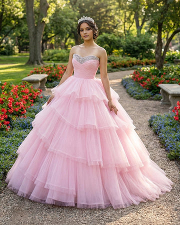 Vedress pink strapless quinceañera dress front view beaded sweetheart bodice tiered tulle ball gown