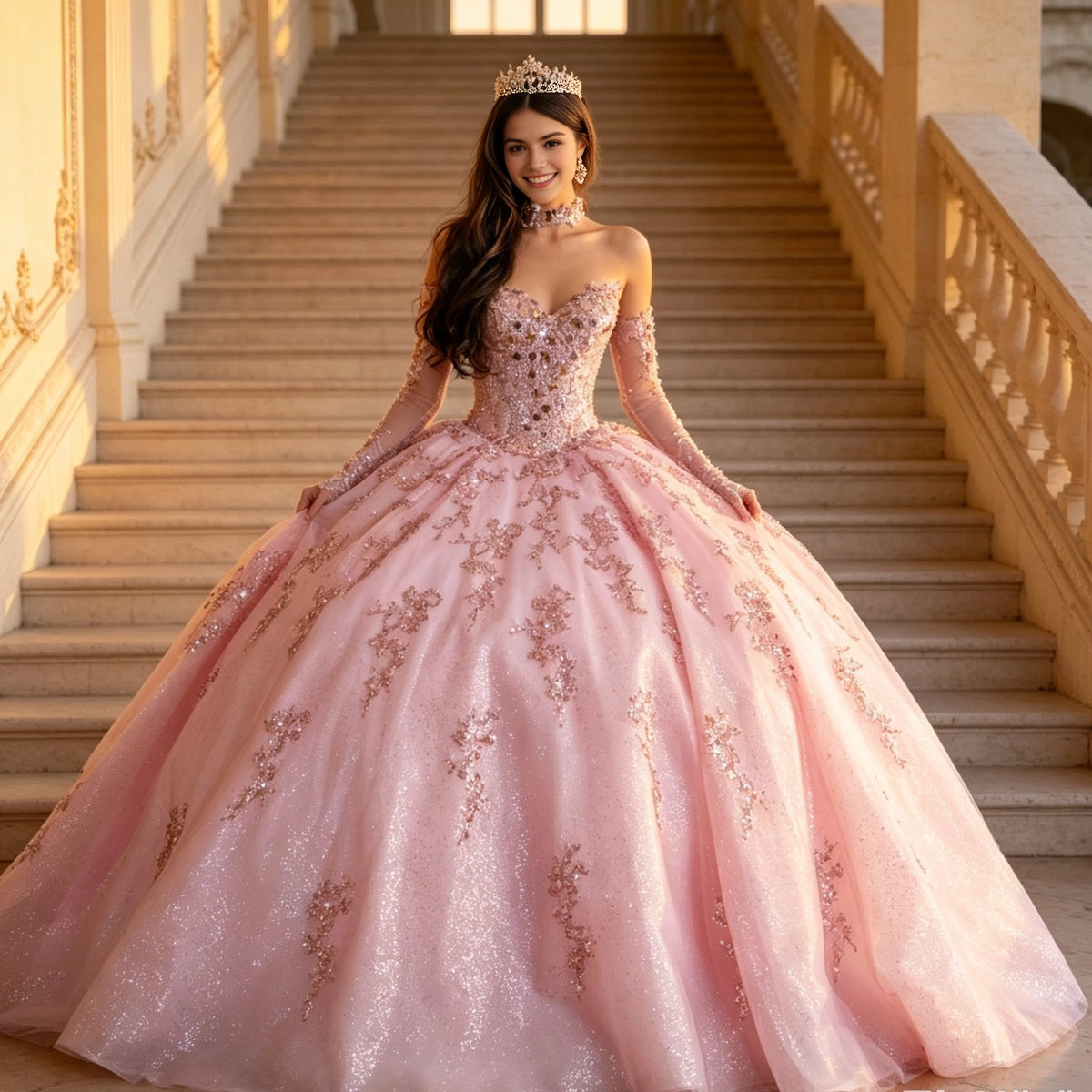 Vedress gorgeous pink sweetheart quinceanera ball gown, detachable off shoulder long sleeves, glitter tulle lace applique prom dress front view