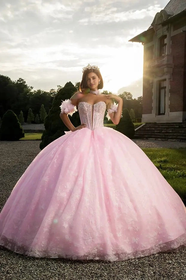 Vedress pink lace ball gown quinceañera dress sweetheart neckline off shoulder 3D flower sleeves front view