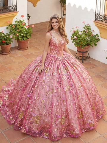 Vedress pink quinceanera ball gown V-neck spaghetti straps pink gold floral sequin embroidery tulle ball skirt front view