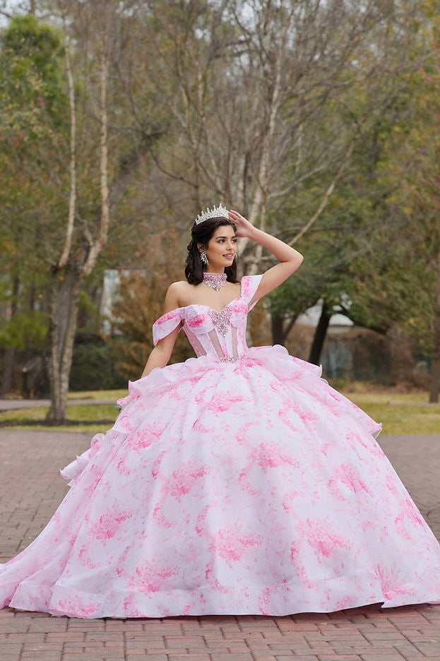 Vedress pink watercolor print ball gown quinceañera dress off shoulder sweetheart neckline beaded corset ruffle skirt front view