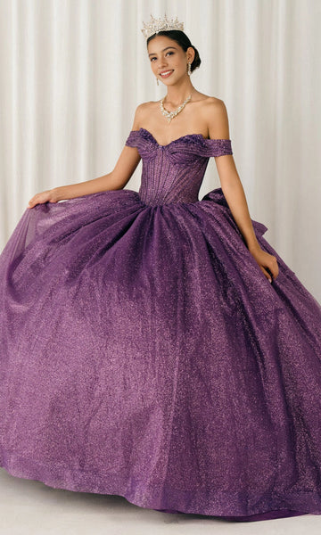 Vedress luxurious purple off‑shoulder quinceanera ball gown glitter tulle structured corset prom dress front view