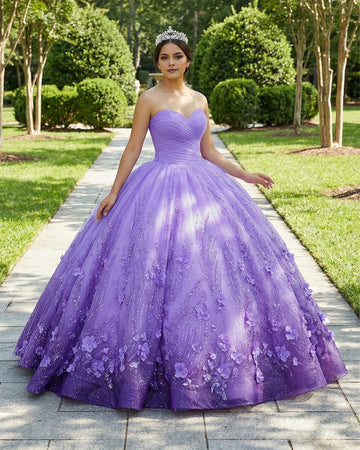 Vedress purple quinceañera dress, strapless sweetheart ball gown with 3D flowers and glitter tulle