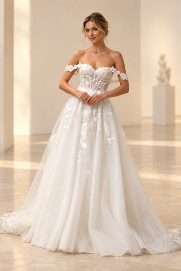 Vedress A-line wedding dress with a sweetheart neckline, floral off-shoulder straps, sheer corset-style bodice and floral appliqués.