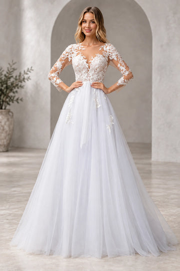 Vedress A-line wedding dress with an illusion V-neckline, sheer floral lace long sleeves and scattered appliqués on a layered skirt.