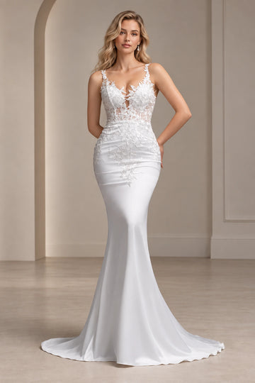 Vedress mermaid wedding dress with a plunging V-neck, floral lace straps, sheer-effect bodice and smooth fitted skirt with a train.