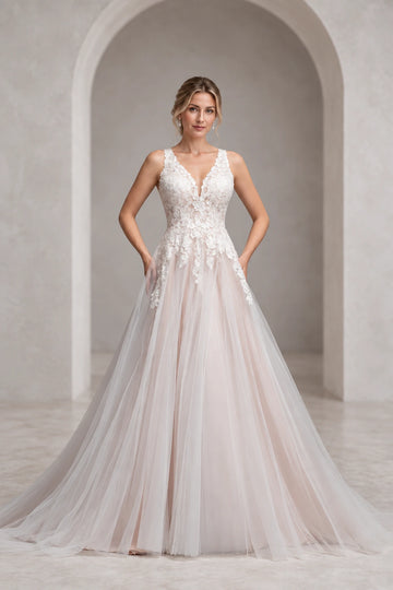 Vedress A-line wedding dress with a floral lace V-neck bodice, sleeveless straps and a softly layered skirt over a pale blush-toned base.