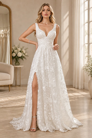 Vedress floral lace A-line wedding dress with a plunging V-neck, wide straps and a high leg slit, front view.