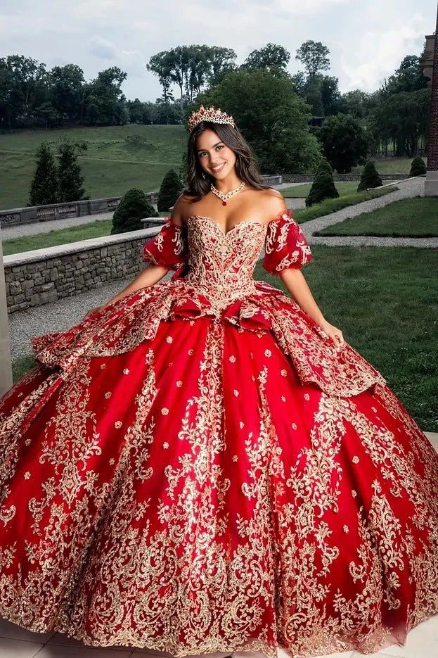 Front view Vedress red gold quinceañera dress off shoulder sweetheart ball gown with gold lace embroidery and puff sleeves