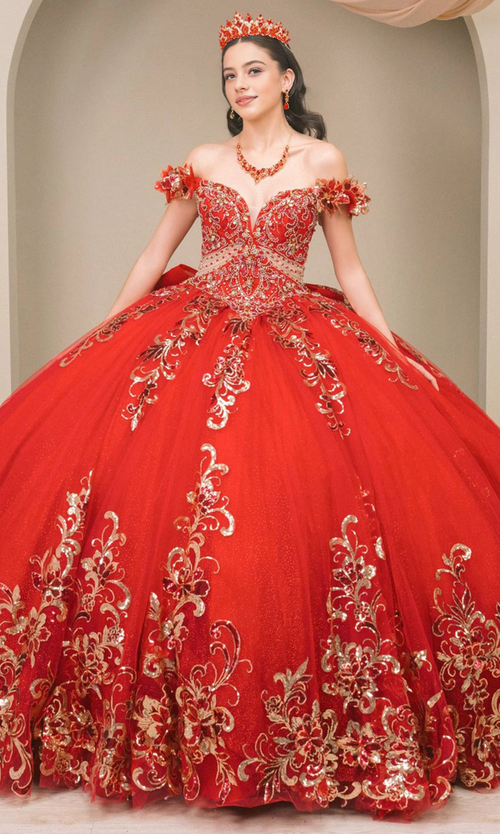 Vedress glamorous red off‑shoulder quinceanera ball gown gold sequin floral applique prom dress front view
