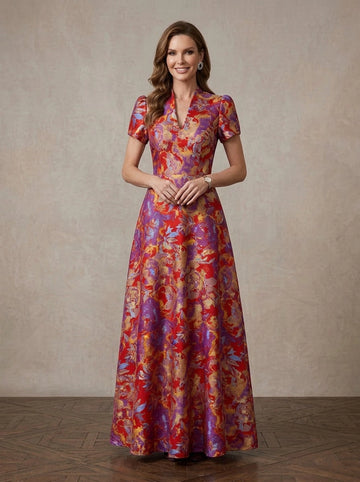 Vedress red purple gold abstract floral jacquard stand collar a-line wedding guest gown front view