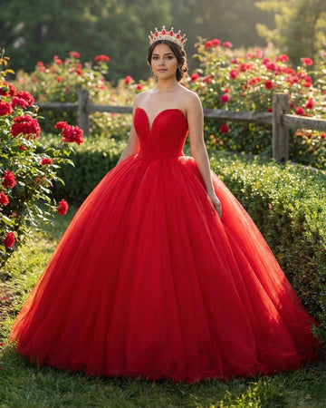 Vedress red strapless quinceañera dress front view sweetheart neckline plain tulle ball gown