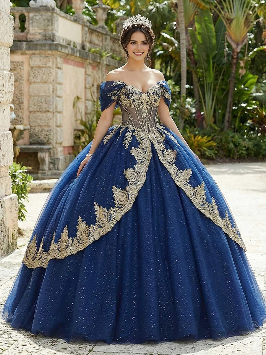 Vedress regal navy blue off-shoulder quinceanera ball gown short sleeve gold lace glitter tulle prom dress front view