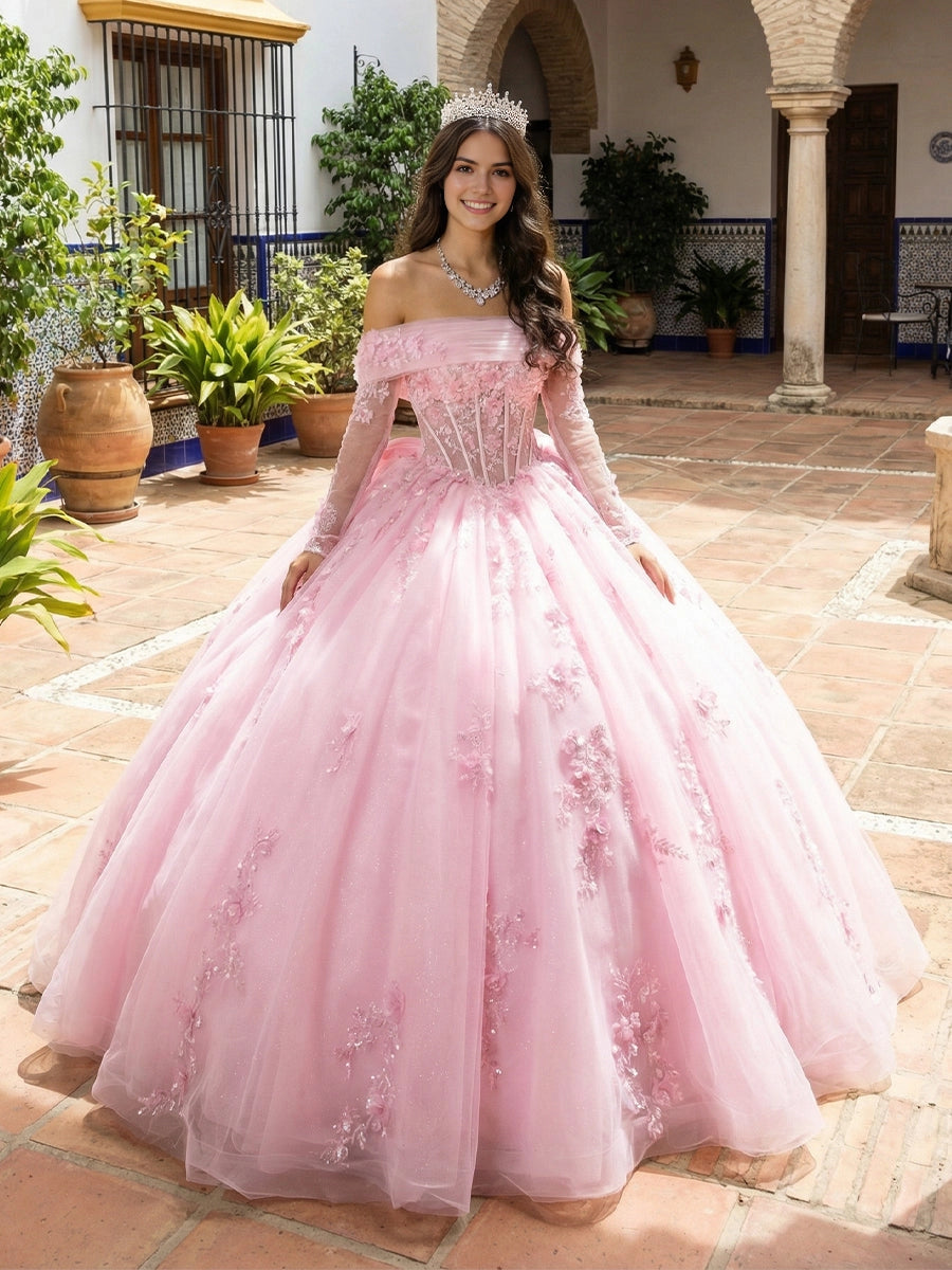 Vedress romantic blush pink off-shoulder quinceanera ball gown long sleeve 3D pink flower glitter tulle prom dress front view