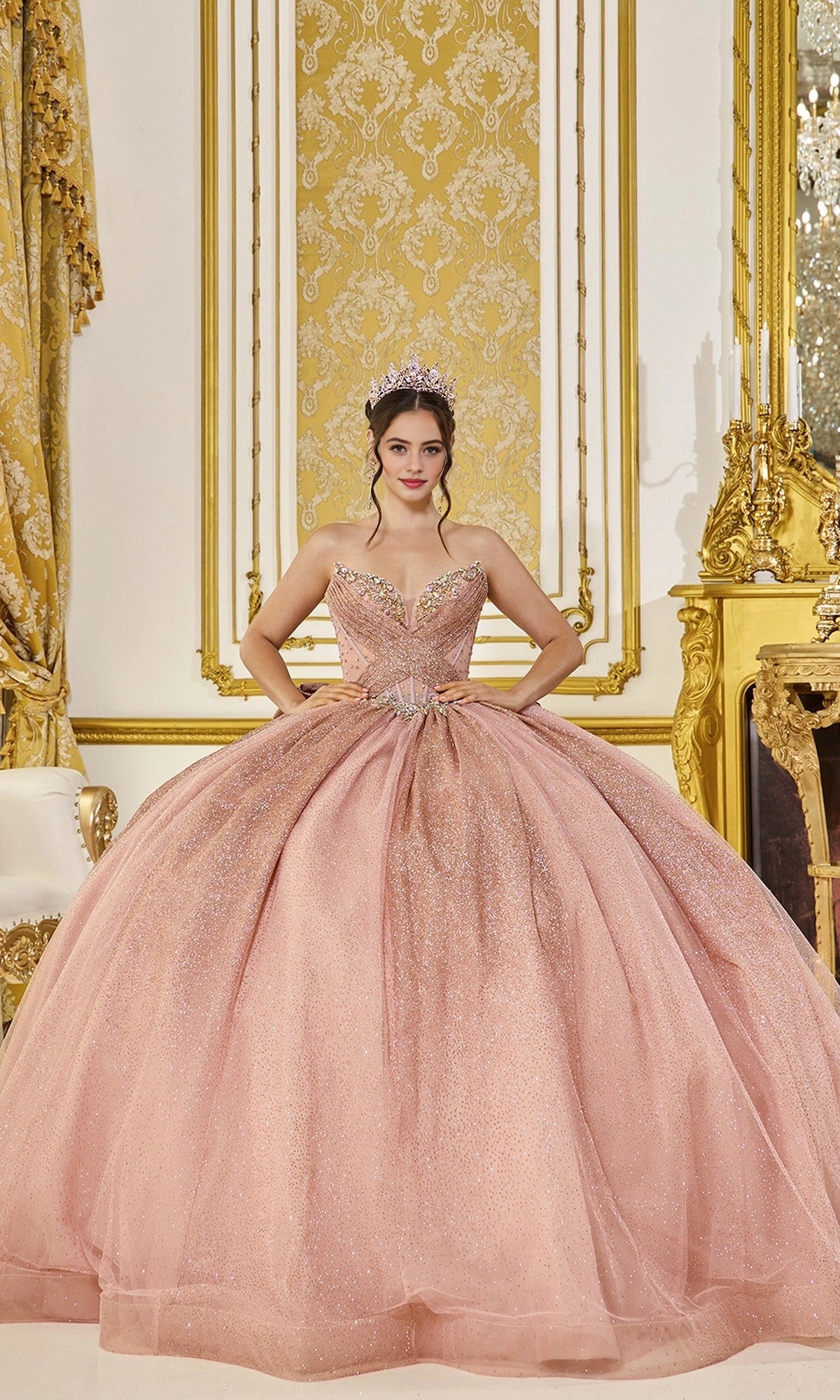 Vedress sparkly rose-gold strapless sweetheart ball gown quinceanera prom dress front view with heavy beading glitter tulle