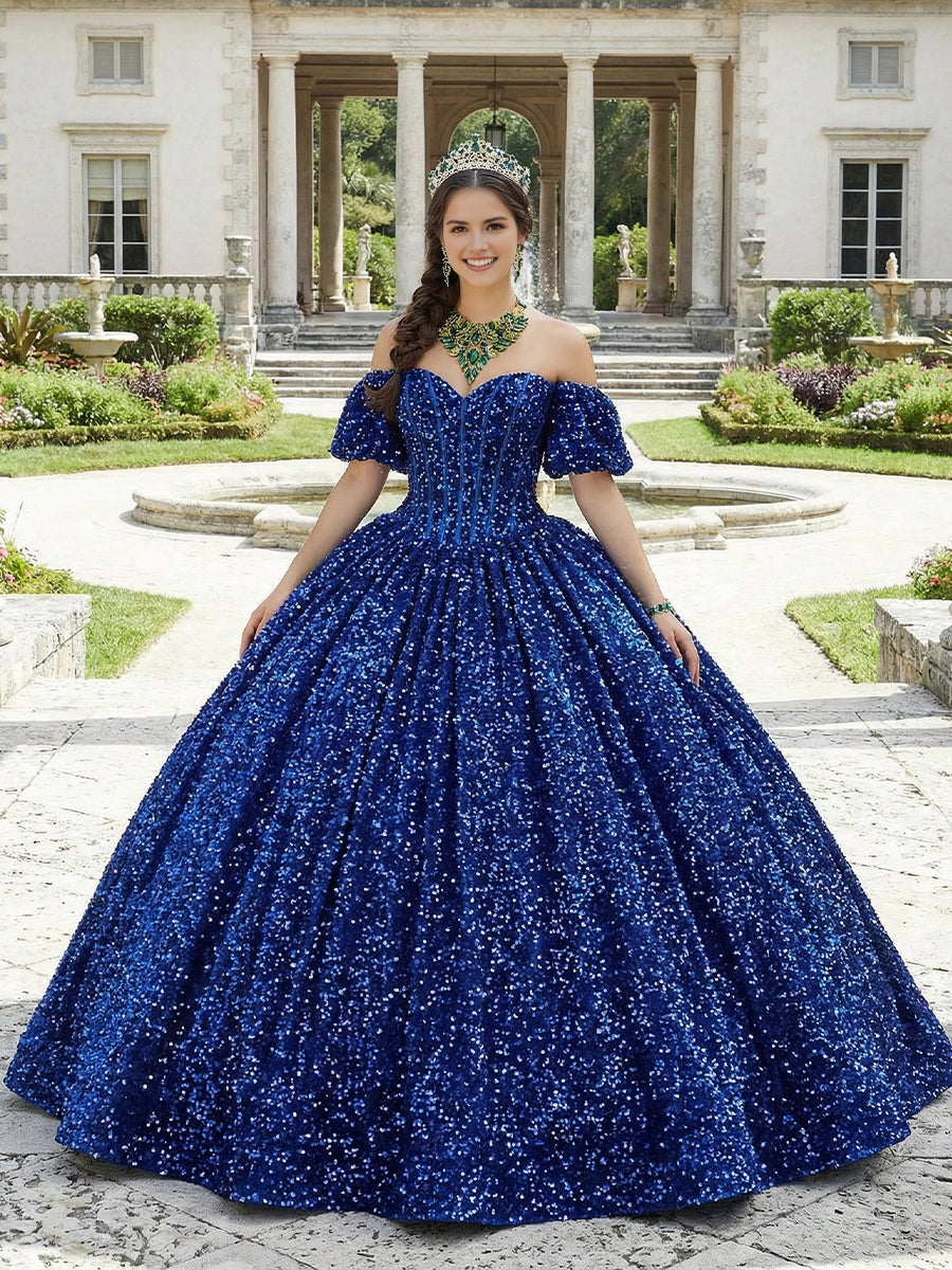 Vedress royal blue quinceanera ball gown sweetheart off the shoulder puff sleeves all over sequins full ball skirt front view