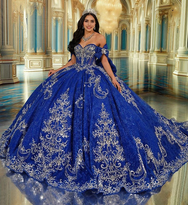 Front view Vedress royal blue quinceañera dress sweetheart off shoulder ball gown with silver lace embroidery and glitter tulle