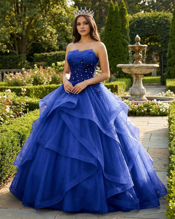 Vedress royal blue quinceañera dress, strapless ball gown with lace beaded bodice and layered ruffled tulle skirt