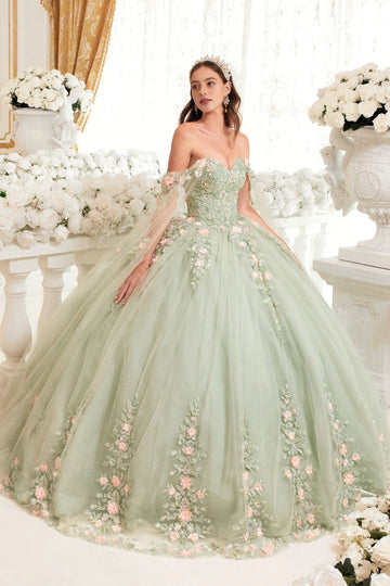 Vedress dreamy sage green off‑shoulder quinceanera ball gown 3D pink floral applique glitter tulle prom dress front view