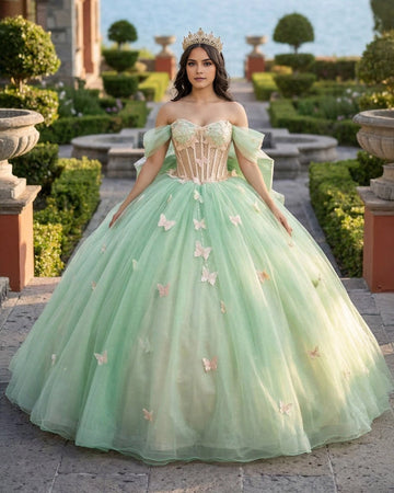 Vedress sage green off shoulder quinceañera ball gown with 3D butterfly appliques front view