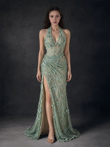 Vedress sage-green floral lace mermaid evening gown with high slit front view