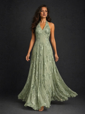 Sage green floral A-line Wedding Guest Dress with halter neckline and floor-length skirt front view