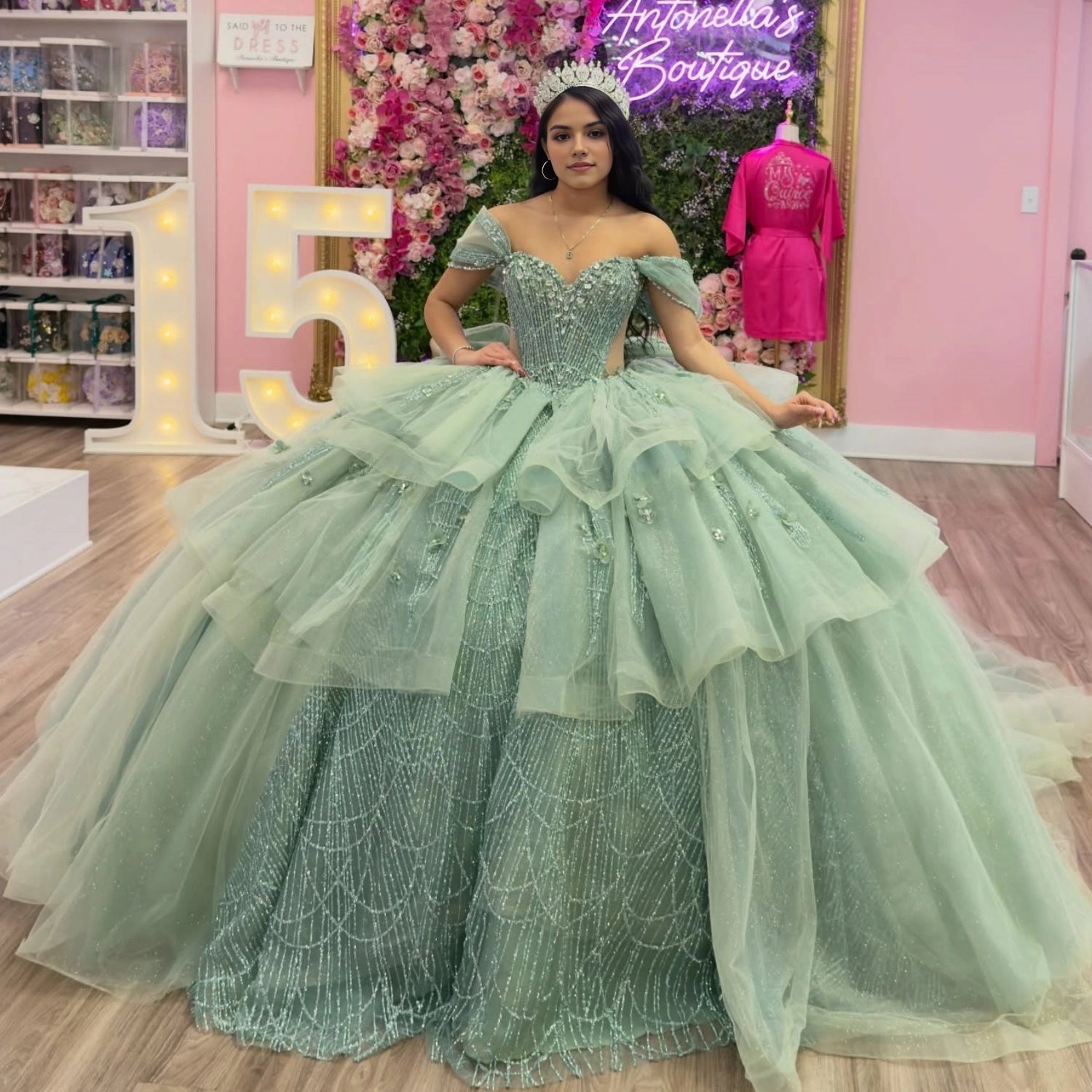 Vedress sage green off-shoulder sweetheart ball gown quinceanera prom dress front view with beaded bodice, layered ruffle tulle and waist cut-outs