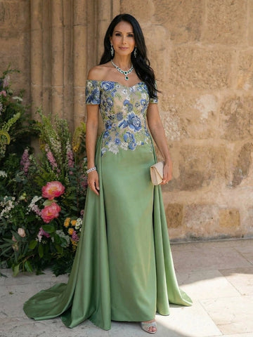 Vedress sage green off shoulder blue floral embroidered illusion bodice satin sheath sweep train mother of bride gown front view