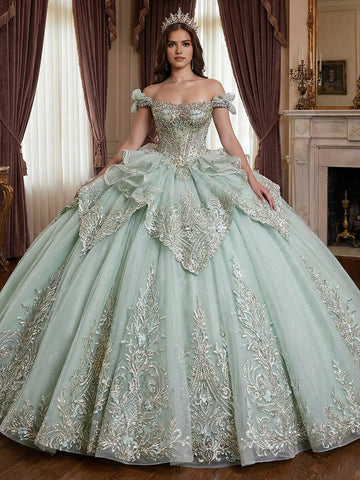 Vedress sage green quinceanera ball gown off the shoulder bow sleeves fitted bodice heavy silver gold baroque embroidery glitter tulle front view