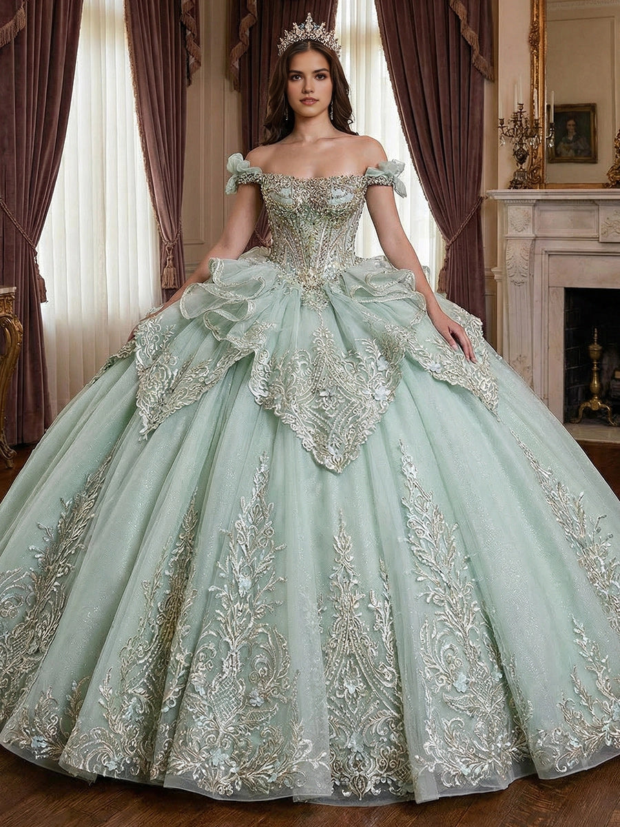 Vedress sage green quinceanera ball gown off the shoulder bow sleeves fitted bodice heavy silver gold baroque embroidery glitter tulle front view