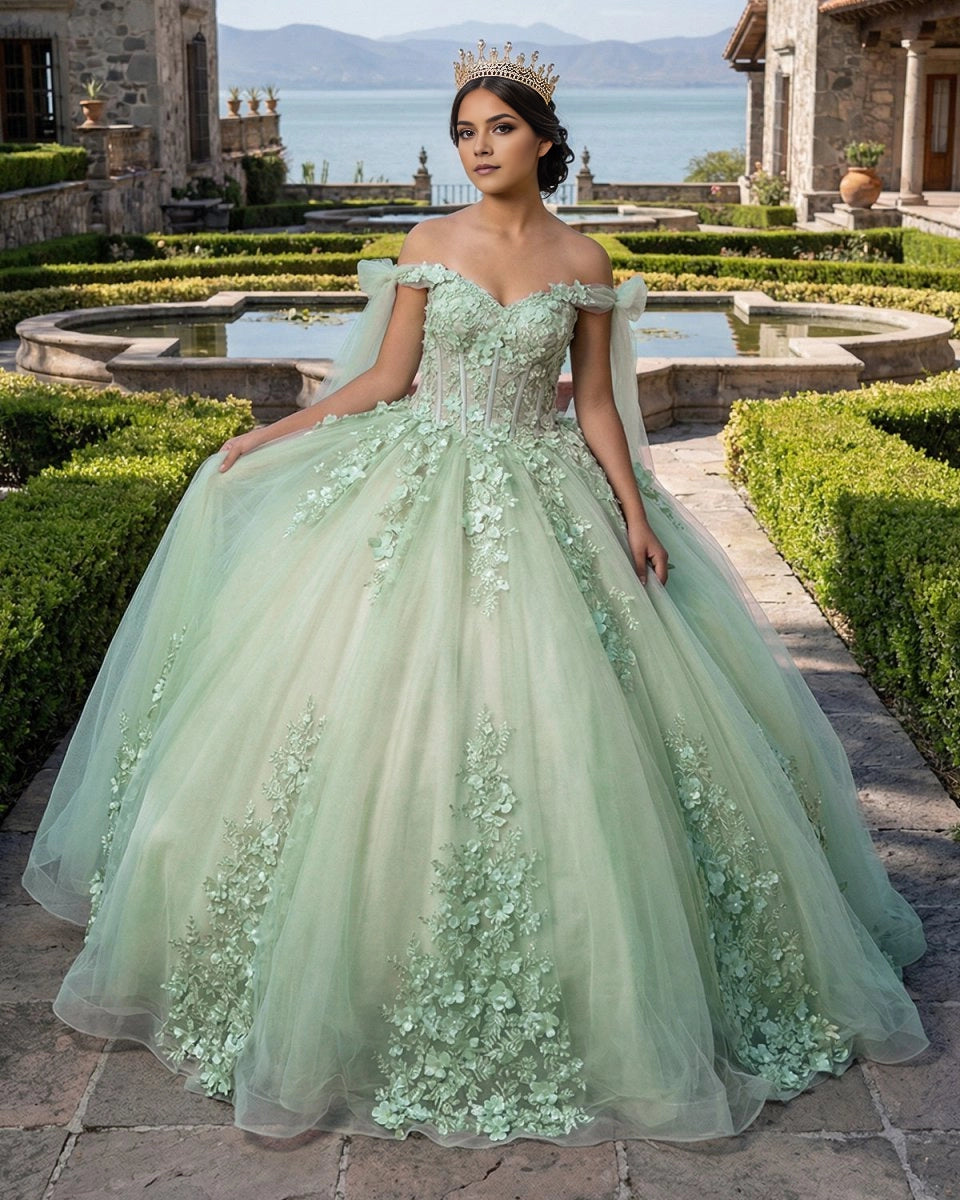 Vedress sage green off shoulder quinceañera dress with 3D floral appliques, front view