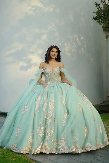Vedress sage green v neck ball gown quinceañera dress with tulle cape and gold lace appliques front view