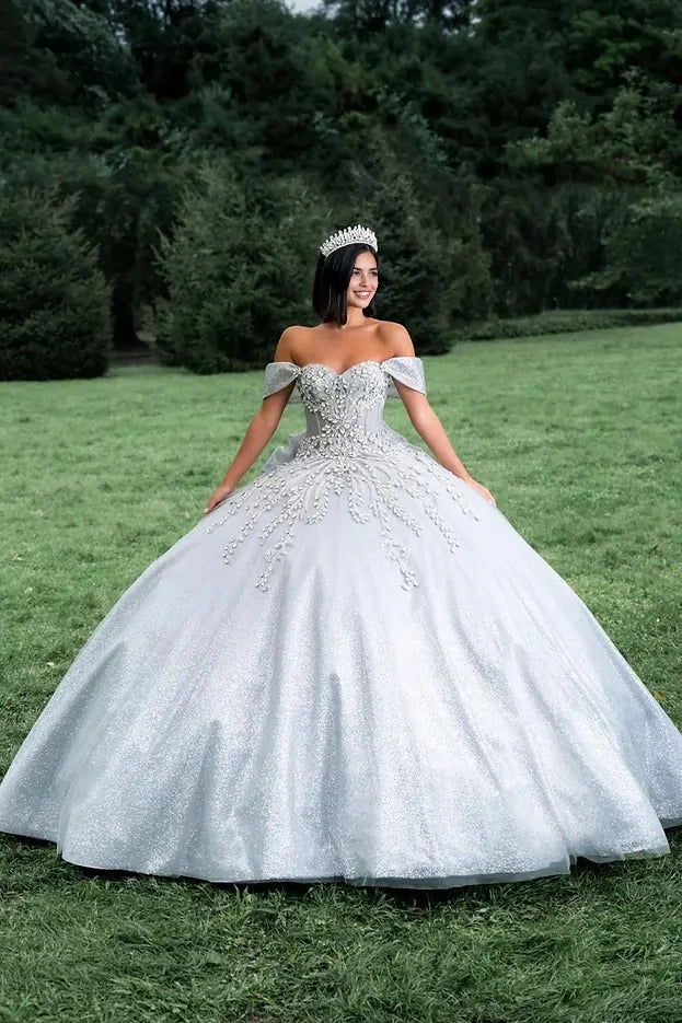 Vedress silver glitter ball gown quinceañera dress sweetheart off shoulder rhinestone bodice front view