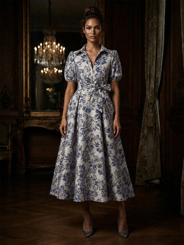 Vedress steel gold floral jacquard collared puff sleeve belted A-line midi mother of bride dress front view