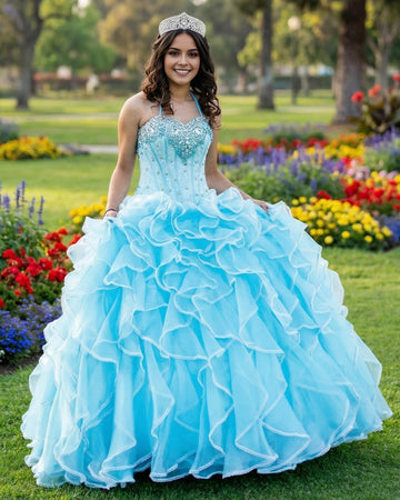 Vedress turquoise halter quinceañera dress front view beaded bodice ruffled tulle ball gown