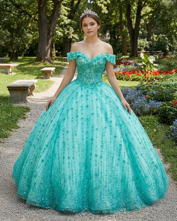 Vedress turquoise quinceañera dress, off shoulder ruffle ball gown with heavy beading and sparkly glitter tulle skirt
