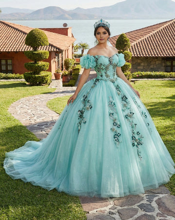 Vedress turquoise quinceañera dress, off shoulder puff sleeve ball gown with 3D floral appliques and glitter tulle