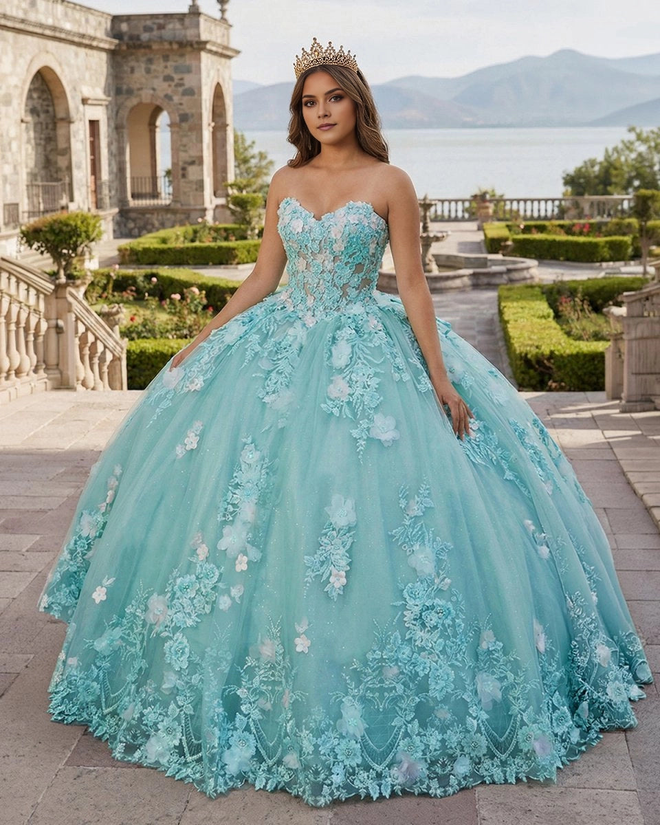 Vedress turquoise strapless sweetheart quinceañera ball gown with 3D floral appliques front view