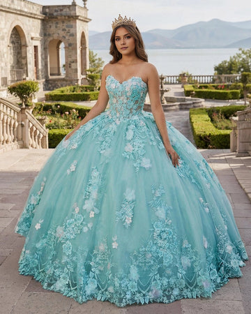 Vedress turquoise strapless sweetheart quinceañera ball gown with 3D floral appliques front view