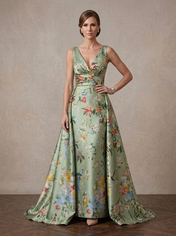 Vedress sage green peacock floral print satin sleeveless v neck A-line mother of bride gown front view floor length