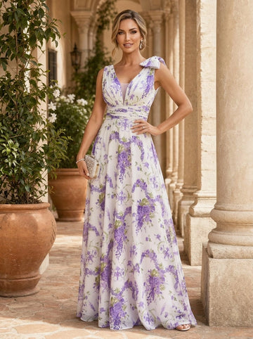 Vedress white purple wisteria floral v neck bow strap chiffon A-line floor length mother of bride gown front view