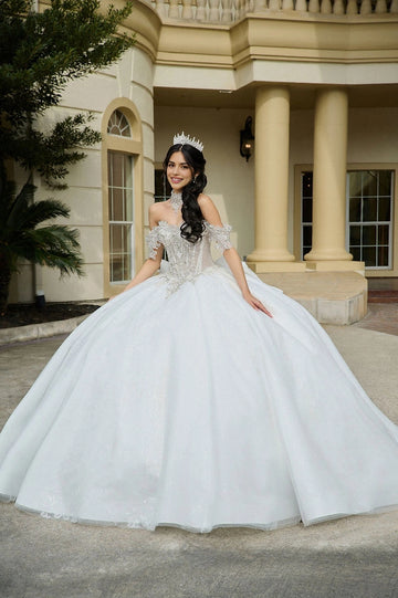 Front view Vedress white quinceañera dress off shoulder ball gown with crystal beaded bodice and glitter tulle