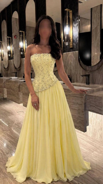 Yellow A-line Strapless Beaded Corset Chiffon Long Evening Dress