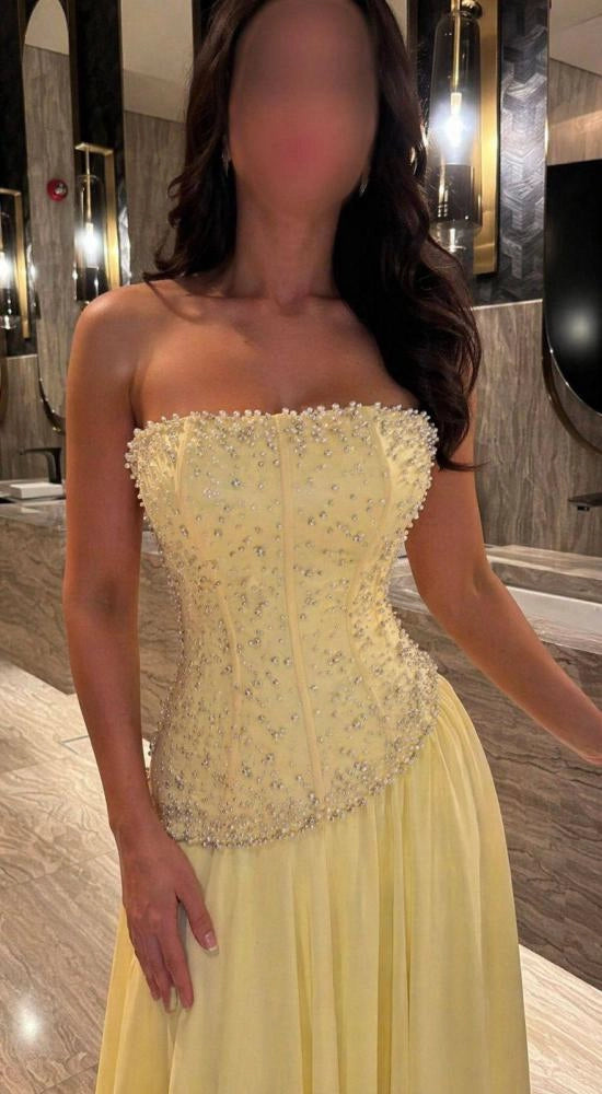 Yellow A-line Strapless Beaded Corset Chiffon Long Evening Dress