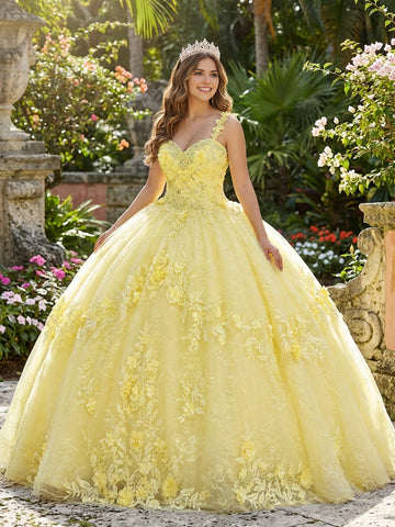 Vedress yellow quinceanera ball gown sweetheart neckline floral spaghetti straps 3D yellow flower appliques glitter tulle front view